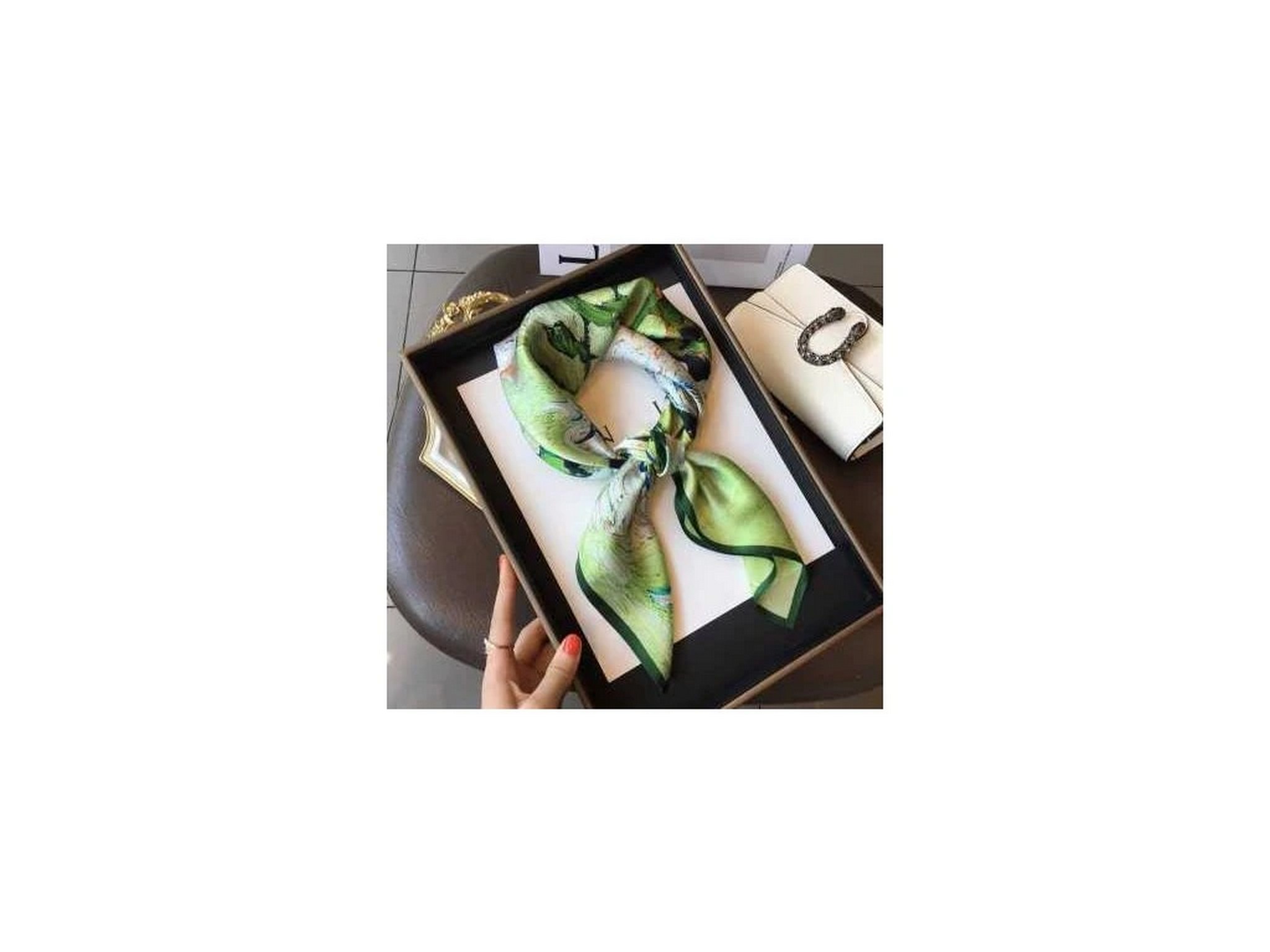 WHITE ORCHID Silk scarf light green 68x68 cm in gift box
