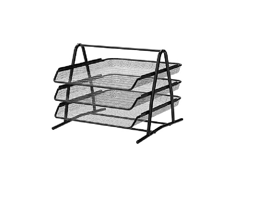 Detectalia 3-Tier Black Desk Tray and Document Tray. A4 Backrest, Desk Box, Binders, Computer Desk, Drawer Organizer, Black Metal Mesh Material 0
